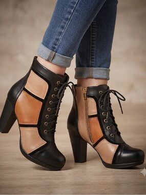 SL Design Colorblock Patchwork Heeled Ankle Boots
